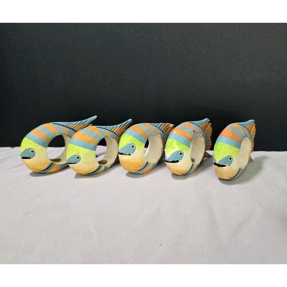 Tropical Fish Napkin Holders VTG Hand Carved Hand Painted 80s 90s
